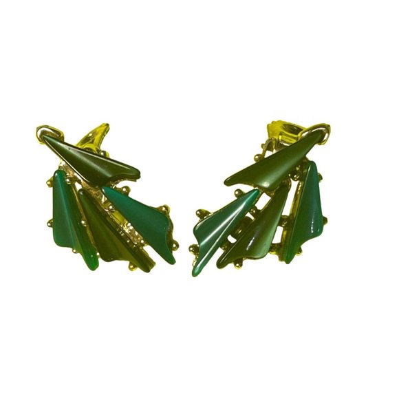 Green, Blue, and Gold Asymmetric Vintage JayCraft Clip Earrings Collectible! - Picture 7 of 7
